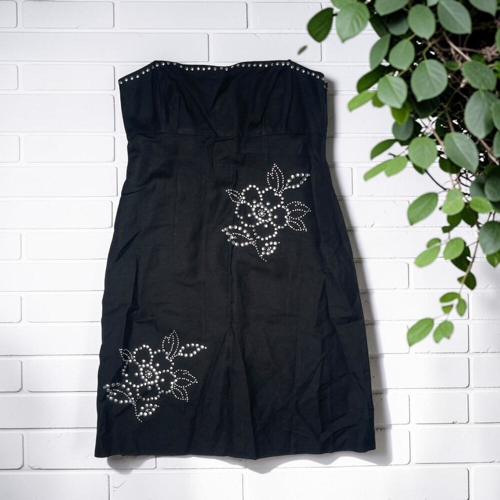 Vintage Y2K Donna Ricco Strapless Black Studded Floral Tube Linen Dress size 8